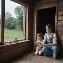 The wooden house scene where the mother and son were cooking, now depicting the surprising moment where they spot a little bird falling from its nest outside the window.