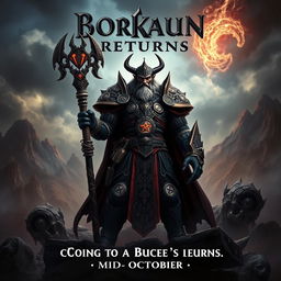 A cinematic movie poster with a World of Warcraft theme featuring a badass male evil warlock character Borkaun