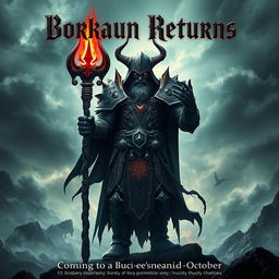 A cinematic movie poster with a World of Warcraft theme featuring a badass male evil warlock character Borkaun