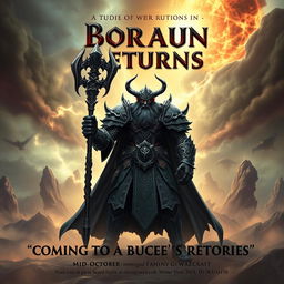 A cinematic movie poster with a World of Warcraft theme featuring a badass male evil warlock character Borkaun