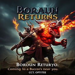 A cinematic movie poster with a World of Warcraft theme featuring a male evil warlock character Borkaun in an intense battle scene