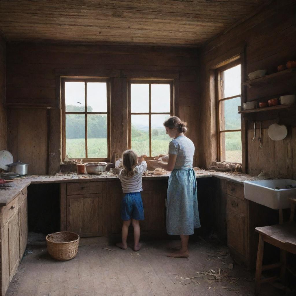 The wooden house scene where the mother and son were cooking, now depicting the surprising moment where they spot a little bird falling from its nest outside the window.