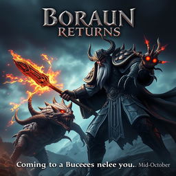 A cinematic movie poster with a World of Warcraft theme featuring a male evil warlock character Borkaun in an intense battle scene