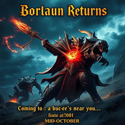 A cinematic movie poster with a World of Warcraft theme featuring a male evil warlock character Borkaun in an intense battle scene