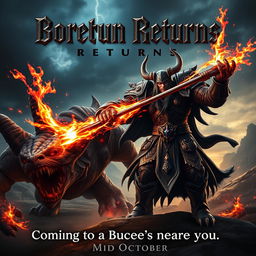 A cinematic movie poster with a World of Warcraft theme featuring a male evil warlock character Borkaun in an intense battle scene