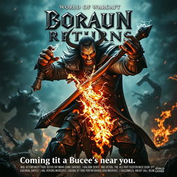 A cinematic movie poster with a World of Warcraft theme featuring a male evil warlock character Borkaun in a gripping battle