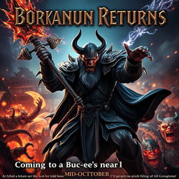 A cinematic movie poster with a World of Warcraft theme featuring a male evil warlock character Borkaun in a gripping battle