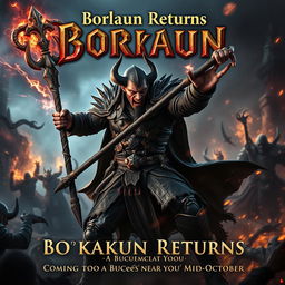 A cinematic movie poster with a World of Warcraft theme featuring a male evil warlock character Borkaun in a gripping battle