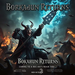 A cinematic movie poster with a World of Warcraft theme featuring a male evil warlock character Borkaun in a gripping battle