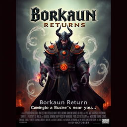 A movie poster with a World of Warcraft theme featuring a male evil warlock named Borkaun