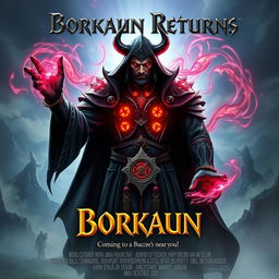 A movie poster with a World of Warcraft theme featuring a male evil warlock named Borkaun