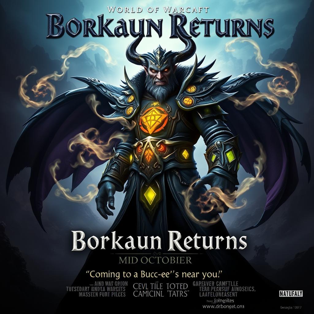 A movie poster with a World of Warcraft theme featuring a male evil warlock named Borkaun