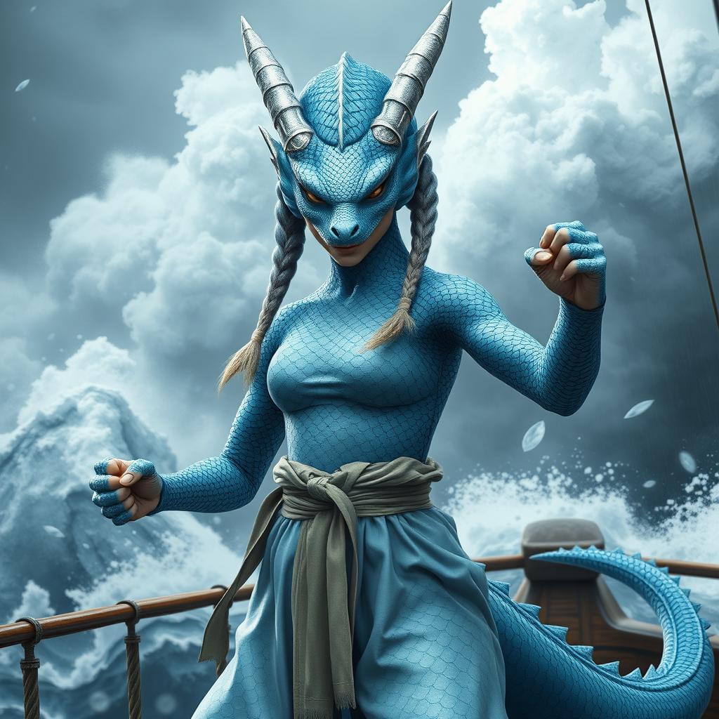 A realistic depiction of a female humanoid dragon with silvery blue scales, exuding an imposing and mystical aura