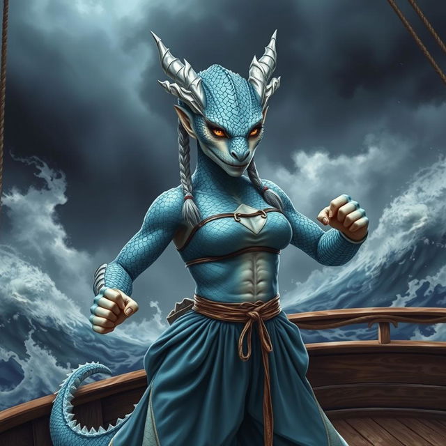 A realistic depiction of a female humanoid dragon with silvery blue scales, exuding an imposing and mystical aura