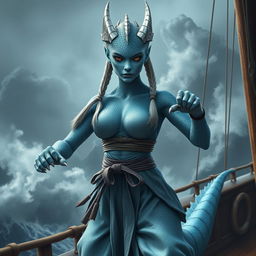 A realistic depiction of a female humanoid dragon with silvery blue scales, exuding an imposing and mystical aura