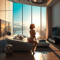 A hyper-realistic image of a modern living room interior featuring a panoramic window with a stunning view of a lake, mountains, and clouds