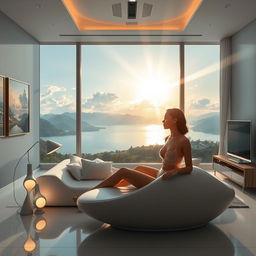 A hyper-realistic image of a modern living room interior featuring a panoramic window with a stunning view of a lake, mountains, and clouds