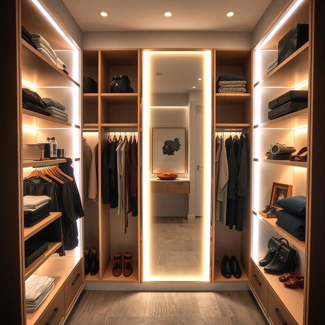 A dressing room featuring a full-length mirror beautifully illuminated between shelves