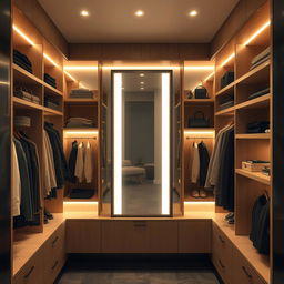 A dressing room featuring a full-length mirror beautifully illuminated between shelves