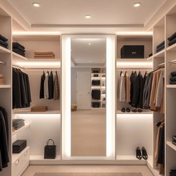 A dressing room featuring a full-length mirror beautifully illuminated between shelves