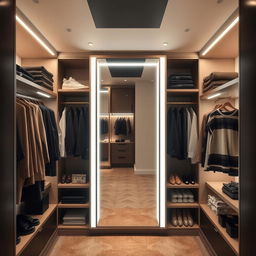 A dressing room featuring a full-length mirror beautifully illuminated between shelves