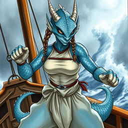 A colored sketch of a female humanoid dragon with silvery blue scales, capturing a sense of mystique and strength