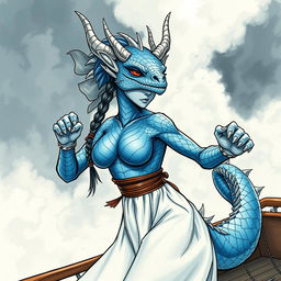 A colored sketch of a female humanoid dragon with silvery blue scales, capturing a sense of mystique and strength