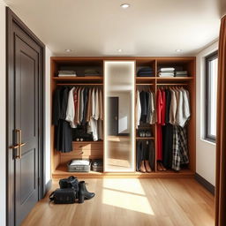 A dressing room where the full-length mirror is beautifully illuminated and placed along the long wall of the room