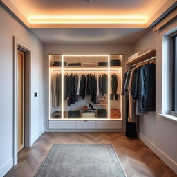 A dressing room where the full-length mirror is beautifully illuminated and placed along the long wall of the room