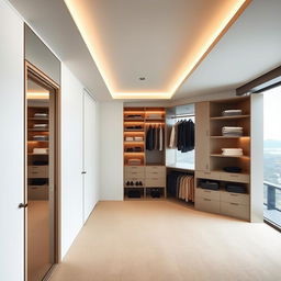 A dressing room where a full-length mirror with elegant lighting is artistically placed on the long wall