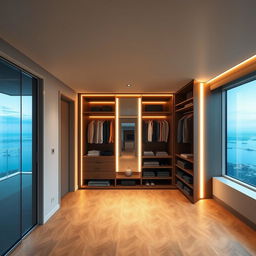 A dressing room where a full-length mirror with elegant lighting is artistically placed on the long wall