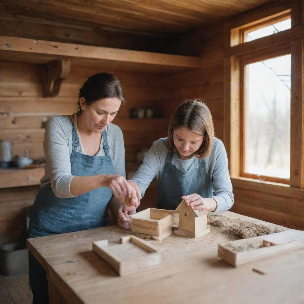 The mother and son in the wooden house, setting aside their cooking for a while, working together to construct a small, cozy birdhouse for the fallen bird.