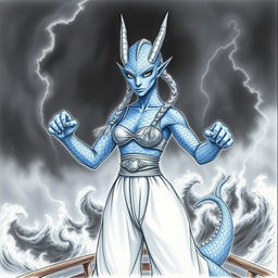 A painted pencil sketch of a female humanoid dragon with silvery blue scales, exuding an aura of mysterious power