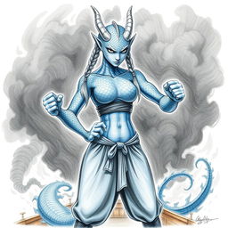 A painted pencil sketch of a female humanoid dragon with silvery blue scales, exuding an aura of mysterious power