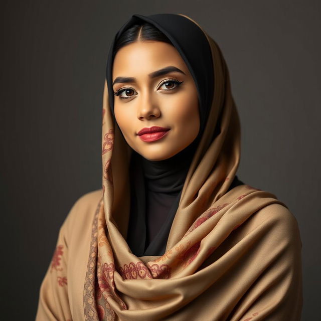 A confident and stylish woman wearing a beautifully draped traditional Hijab