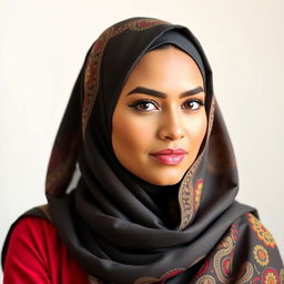 A confident and stylish woman wearing a beautifully draped traditional Hijab