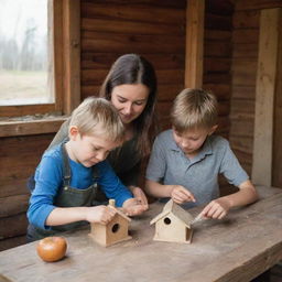 The mother and son in the wooden house, setting aside their cooking for a while, working together to construct a small, cozy birdhouse for the fallen bird.