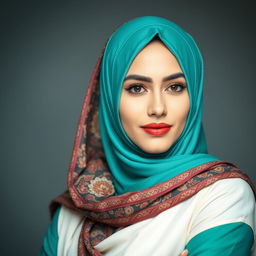 A confident and stylish woman wearing a beautifully draped traditional Hijab