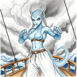 A painted pencil sketch of a female humanoid dragon with a mystical presence, featuring silvery blue scales and a dragon's head