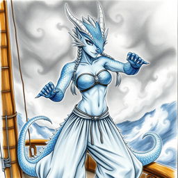 A painted pencil sketch of a female humanoid dragon with a mystical presence, featuring silvery blue scales and a dragon's head