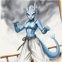 A painted pencil sketch of a female humanoid dragon with a mystical presence, featuring silvery blue scales and a dragon's head