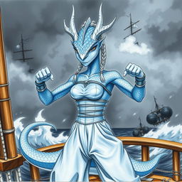 A painted pencil sketch of a female humanoid dragon with a mystical presence, featuring silvery blue scales and a dragon's head