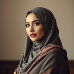 A confident and elegant woman wearing a beautifully draped Hijab, highlighting her womanly figure in a tasteful manner