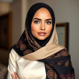 A confident and elegant woman wearing a beautifully draped Hijab, highlighting her womanly figure in a tasteful manner