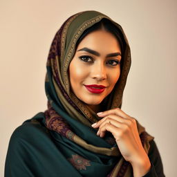 A confident and elegant woman wearing a beautifully draped Hijab, highlighting her womanly figure in a tasteful manner