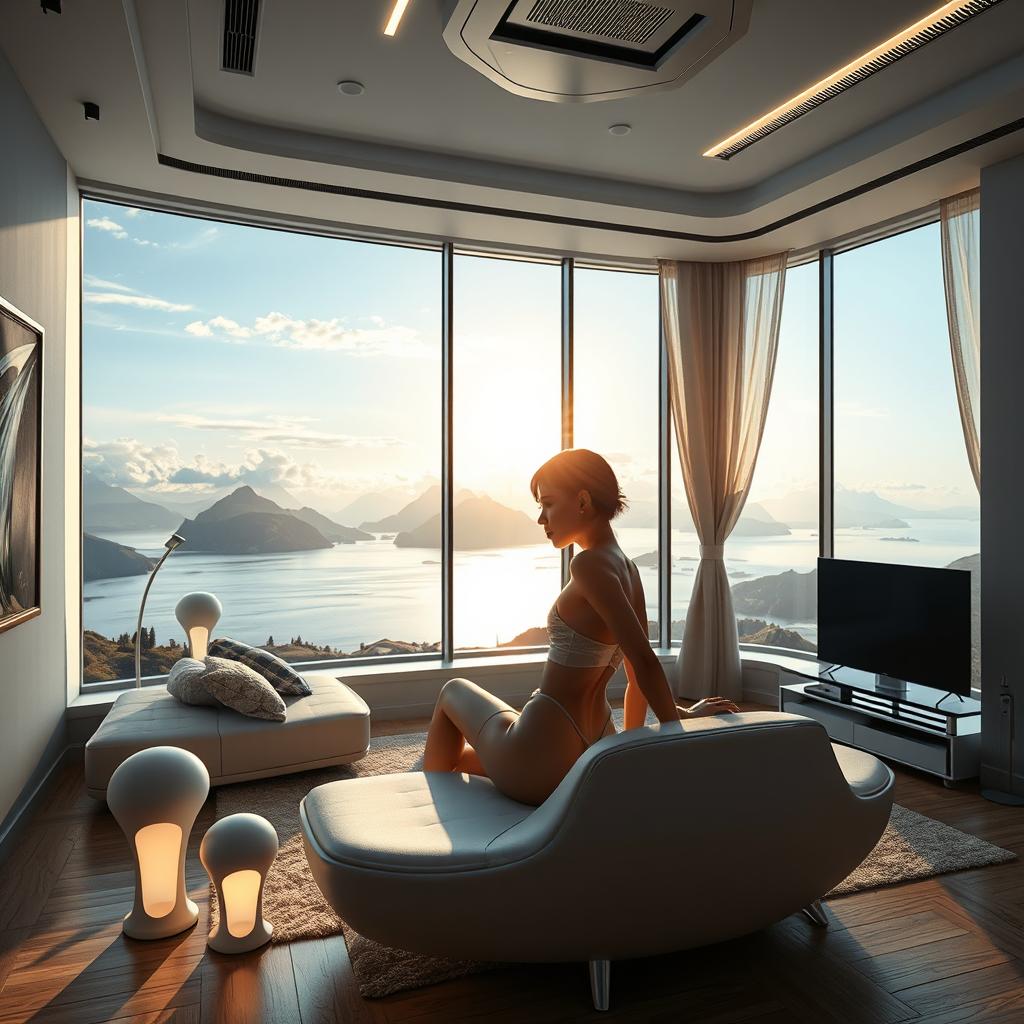 A wide, ultra-realistic depiction of a modern living room interior featuring a panoramic window that showcases a breathtaking view of a lake with mountains and clouds