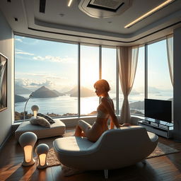 A wide, ultra-realistic depiction of a modern living room interior featuring a panoramic window that showcases a breathtaking view of a lake with mountains and clouds