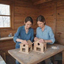 The mother and son in the wooden house, setting aside their cooking for a while, working together to construct a small, cozy birdhouse for the fallen bird.