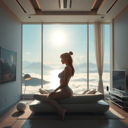 A wide, ultra-realistic depiction of a modern living room interior featuring a panoramic window that showcases a breathtaking view of a lake with mountains and clouds