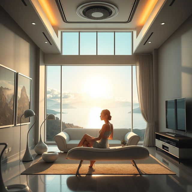 A wide, ultra-realistic depiction of a modern living room interior featuring a panoramic window that showcases a breathtaking view of a lake with mountains and clouds